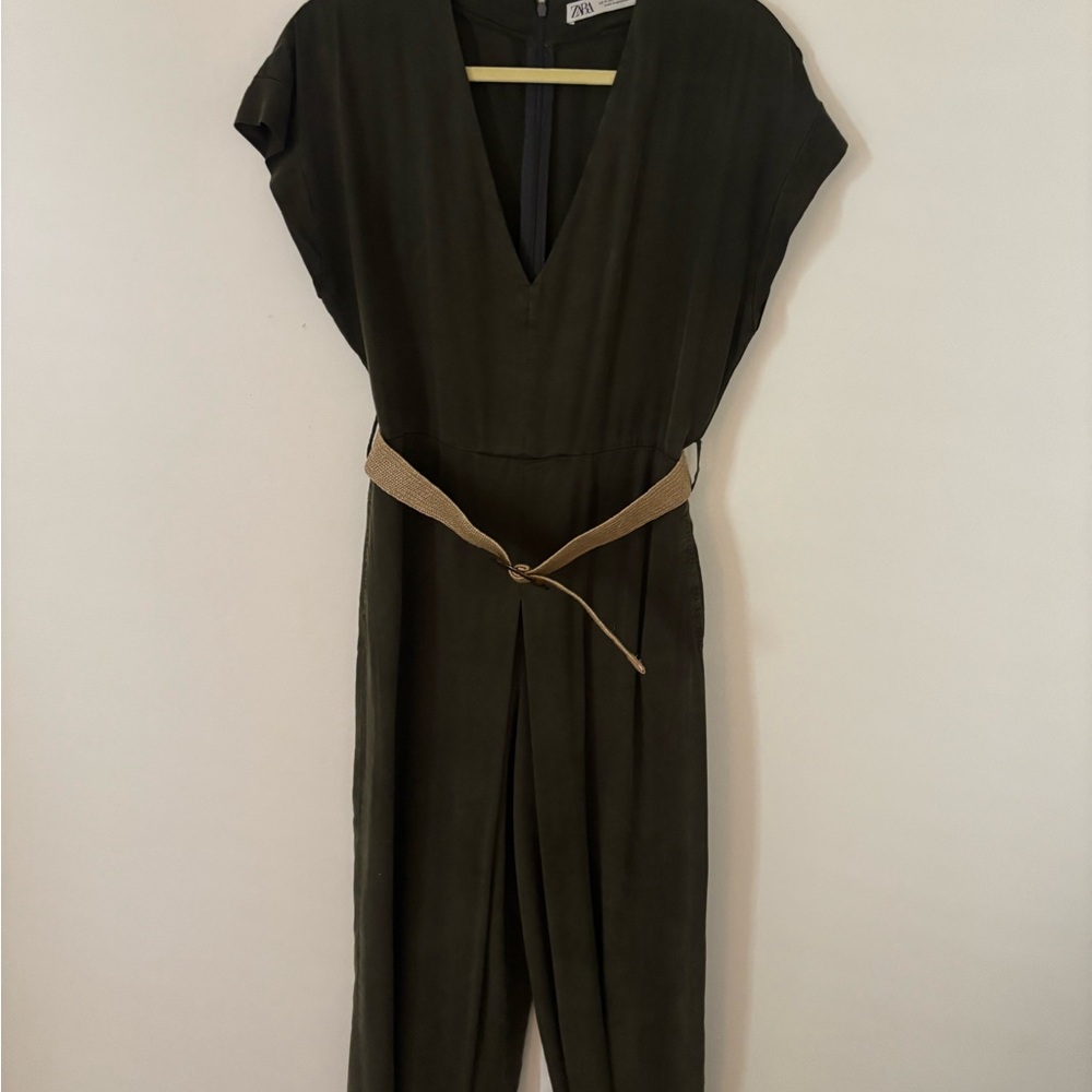 Zara Dark Olive V-Neck Jumpsuit with Woven Belt